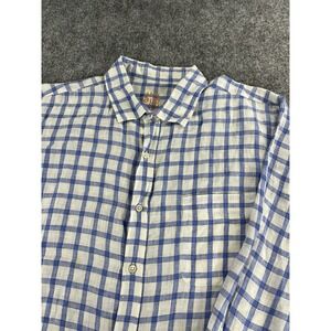 J McLaughlin Linen Button Down Shirt Mens Large White Blue Check Preppy Casual